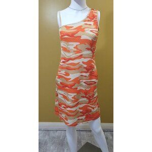 VTG Y2K Chesley One Shoulder Orange Camo Mini Dress L Rave